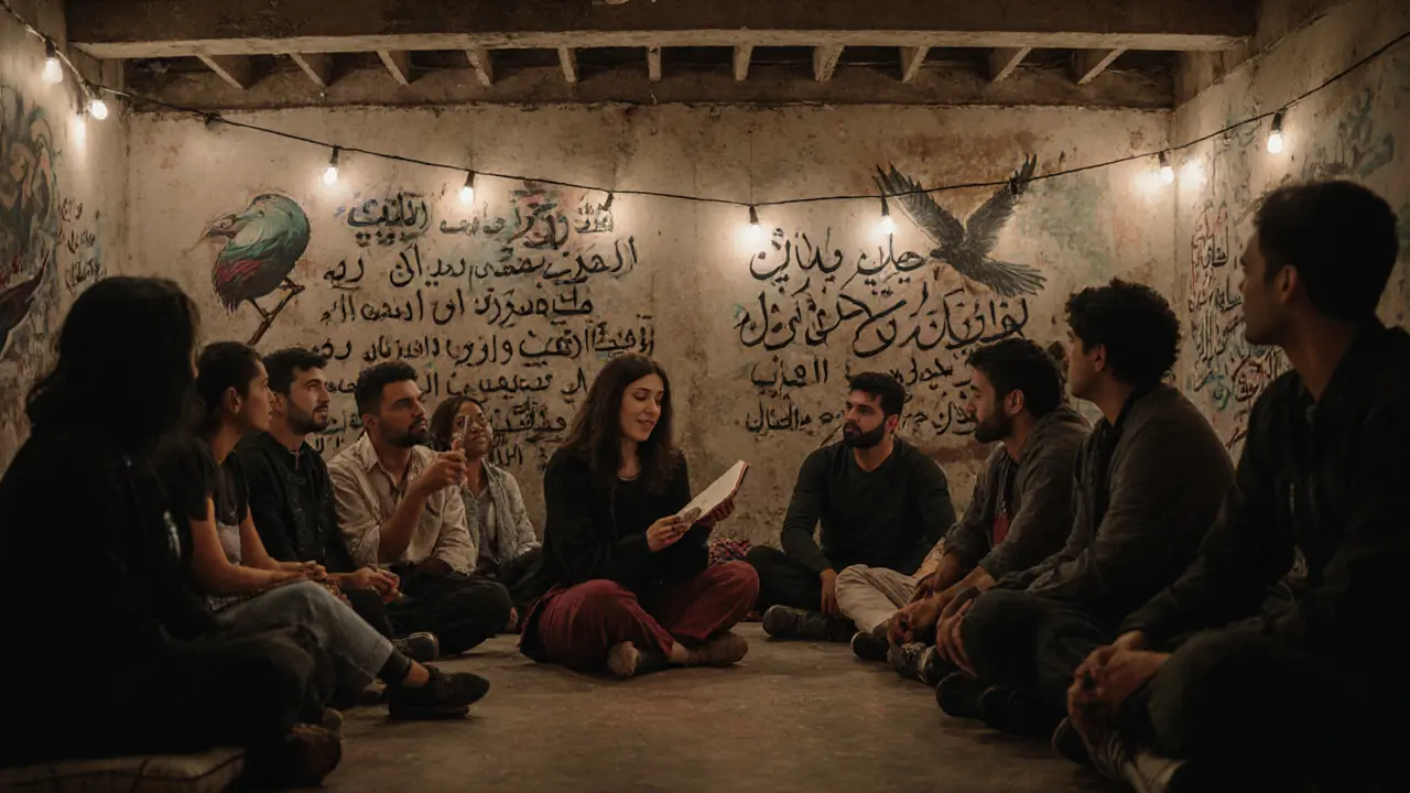 A diverse group listens quietly to a poet speaking at an underground warehouse event in Dubai.