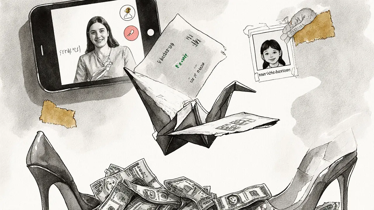 A paper crane made from a hotel keycard floats above discarded heels and a child's drawing on the wall.