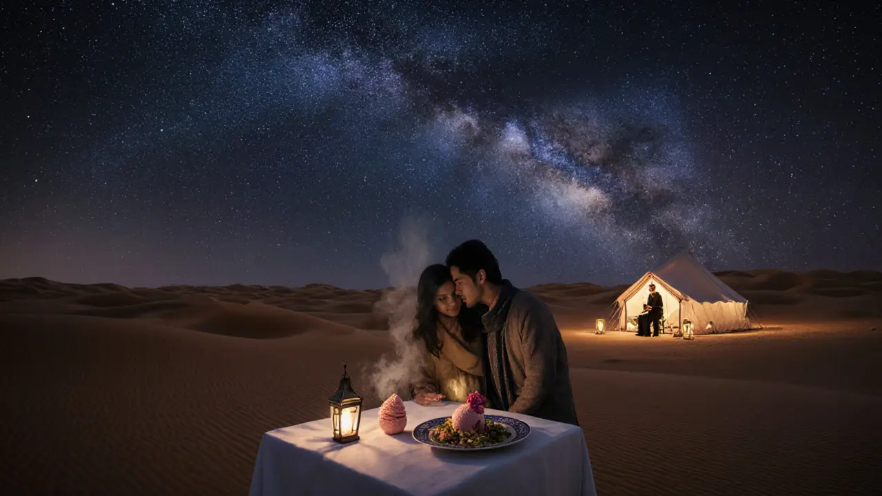 A romantic desert dinner under a vast starry sky with a glowing tent and dunes surrounding a single table.