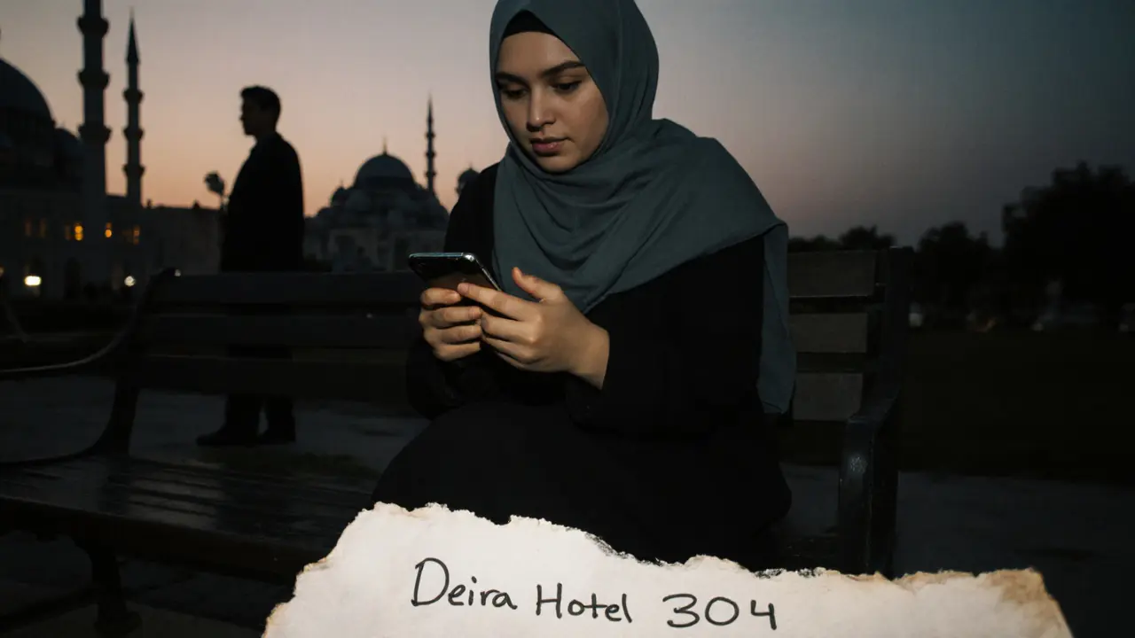 A woman on a park bench typing on a burner phone, with a hidden meeting note and distant watcher.