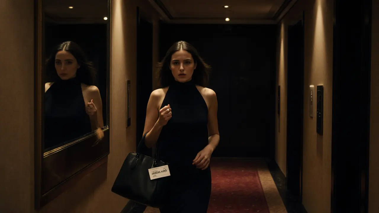 A woman walks swiftly through a luxury hotel corridor at night, her reflection showing exhaustion and secrecy.