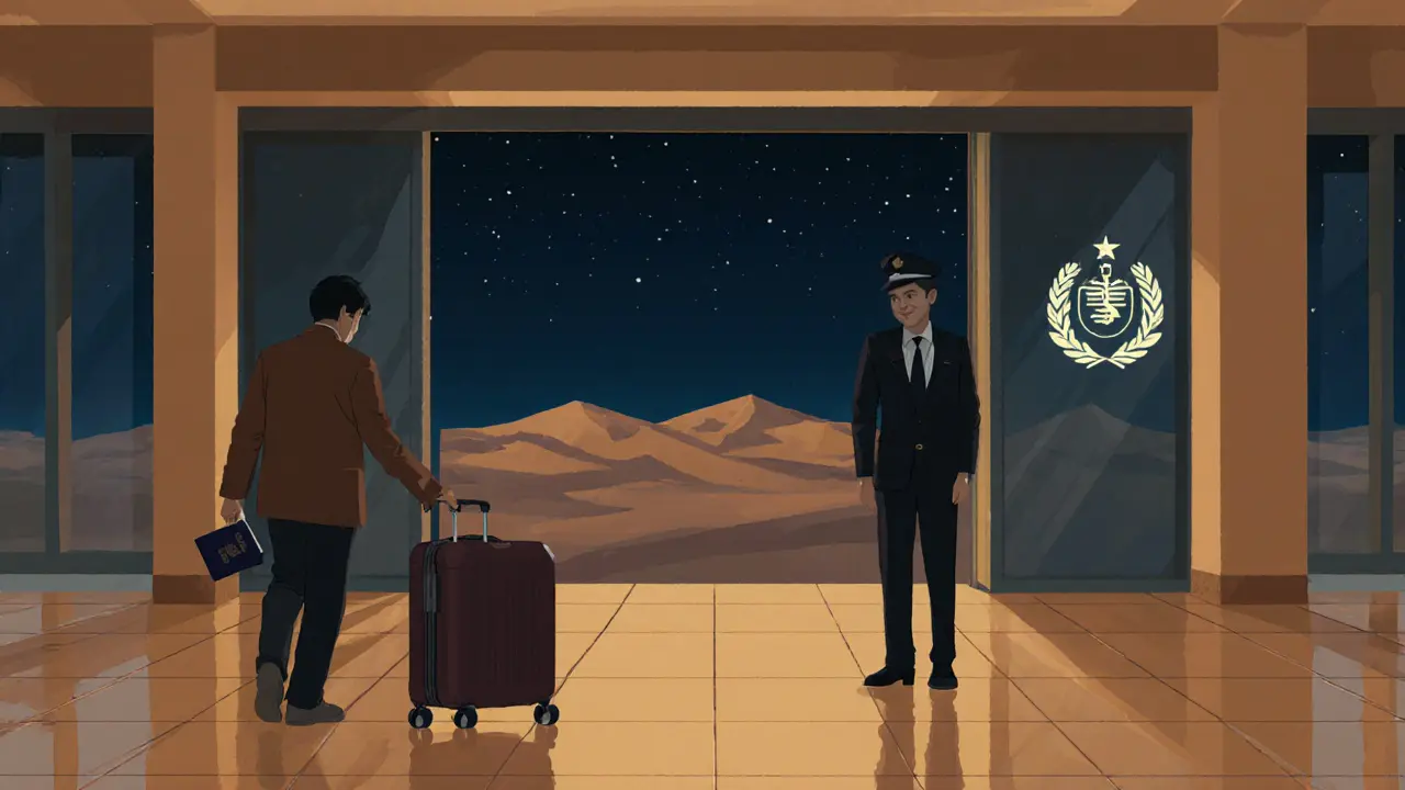 Airport departure hall where a traveler is escorted toward the exit gate.