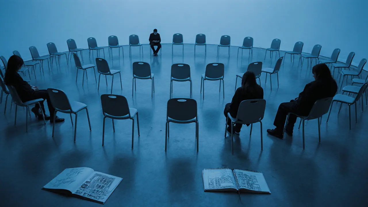 An empty circular room with glowing chairs, where faint voices whisper stories of loneliness and art.
