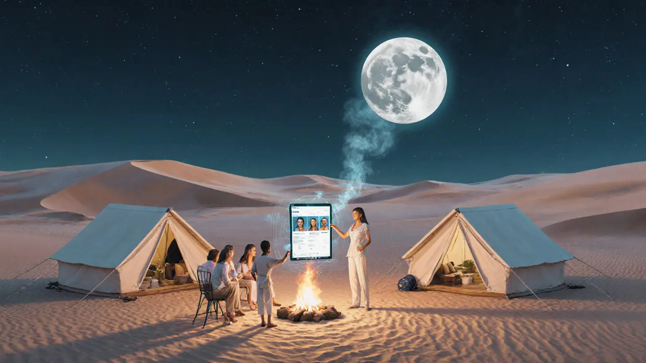 An escort assists guests at a sustainable desert camp under a moonlit sky, with a holographic AI display.