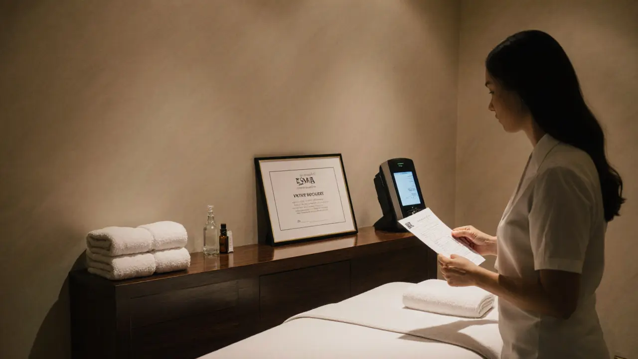 Clean spa room with massage table, certification plaque, and therapist discussing consent.