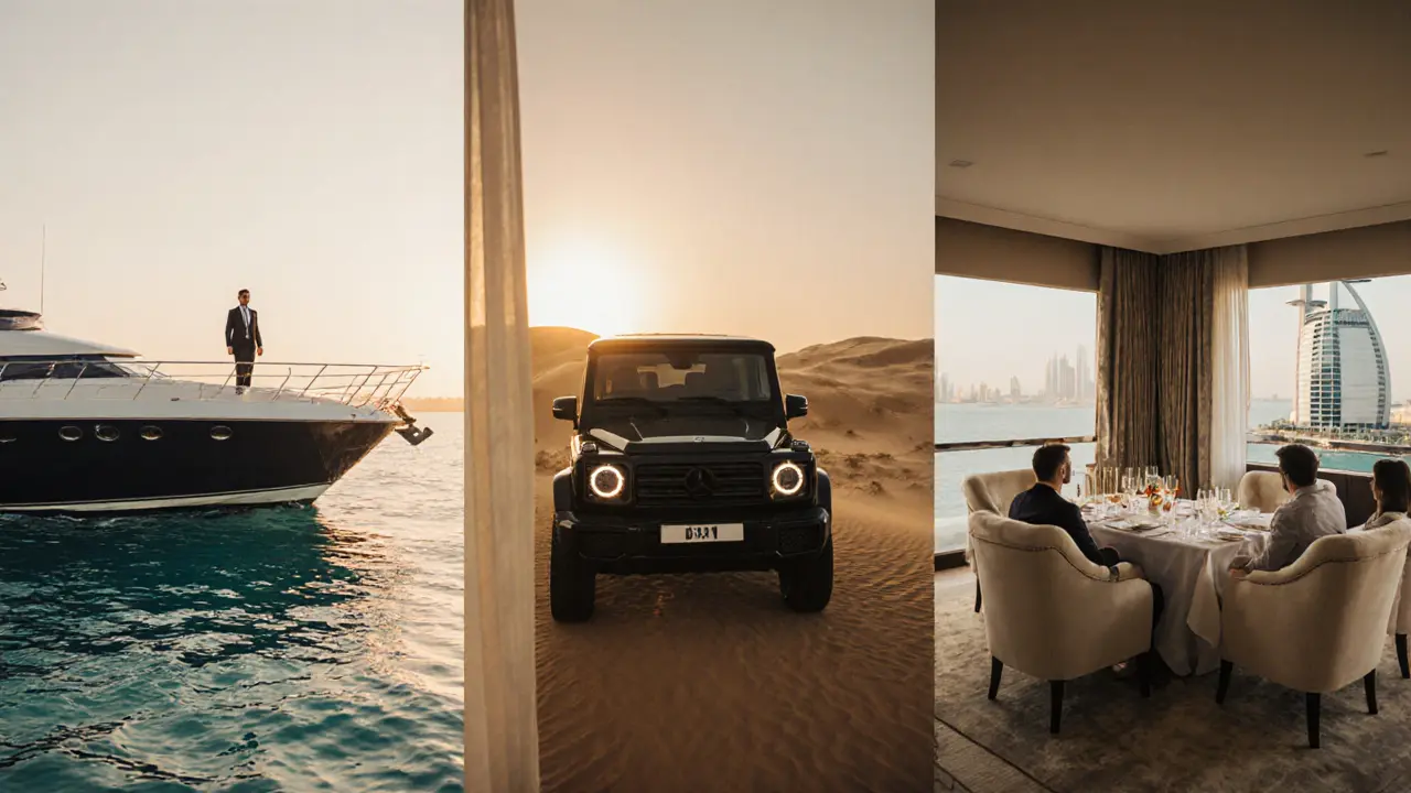 Collage of yacht, desert safari, and hotel suite showing a discreet companion.