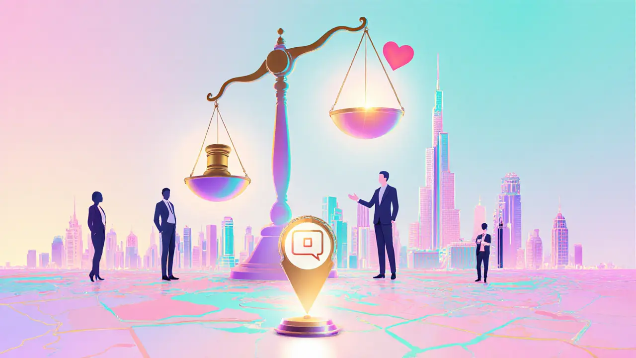Conceptual Dubai illustration with rainbow hues, scales of law and love, and an AI chatbot.