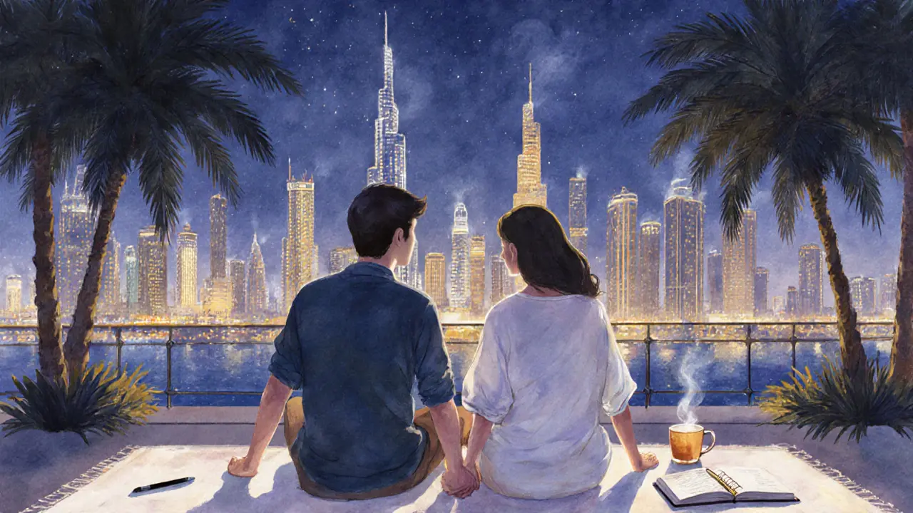 Couple on a balcony at night, drinking tea and journaling with Dubai skyline in the background.