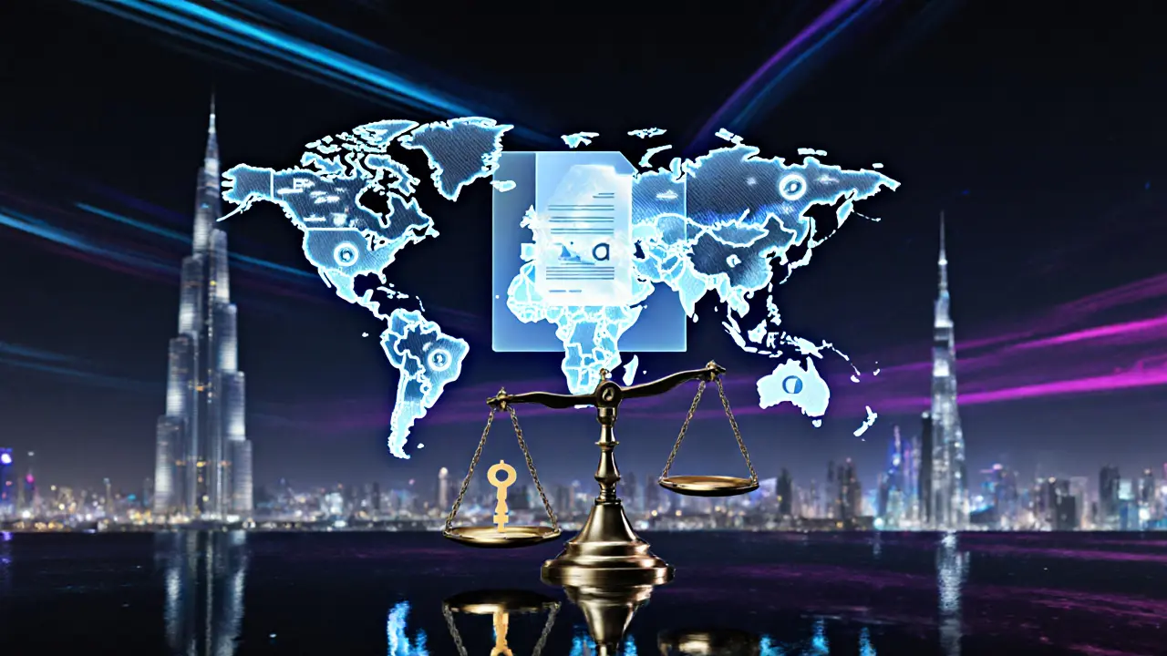 Futuristic holographic map of Dubai with blockchain symbols, legal icons, and scales representing regulation.