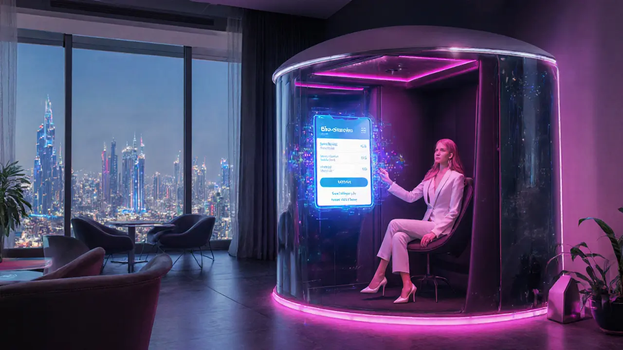 Futuristic hotel lounge pod with a companion using an encrypted booking hologram.