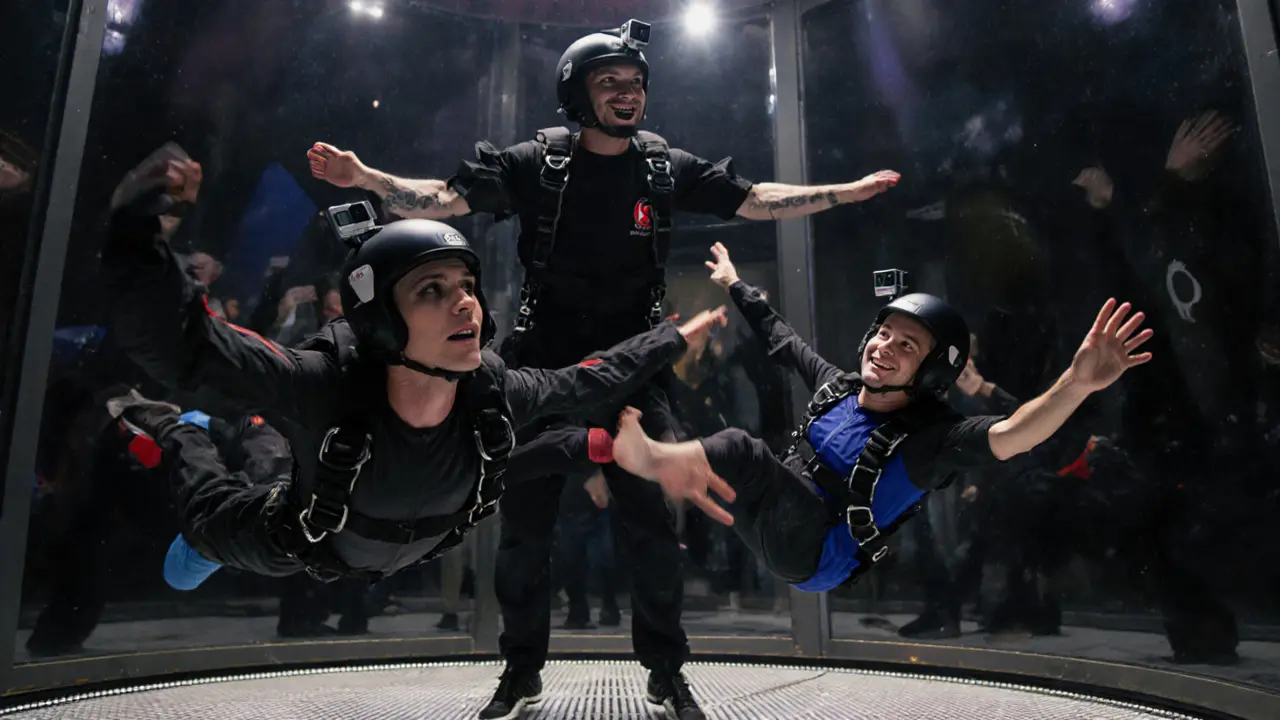 Group of men floating mid-air in an indoor skydiving tunnel, grinning in flight suits.