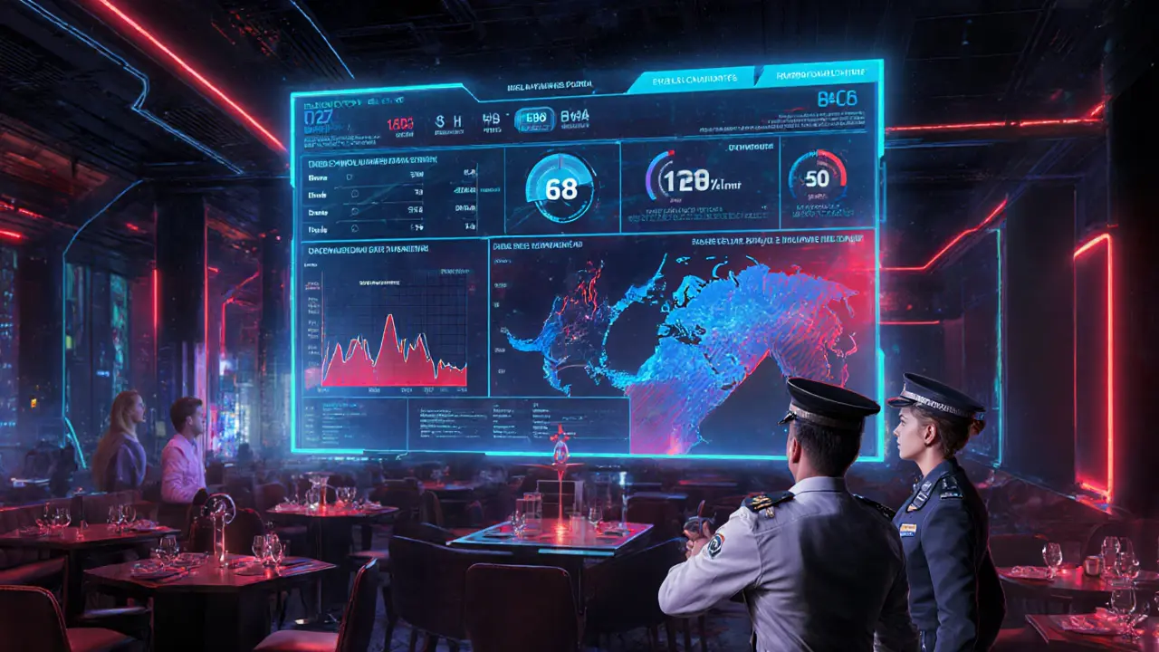 Holographic AI risk dashboard above a club with police and officials reviewing data.