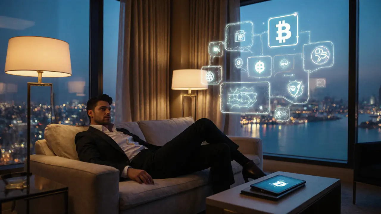 Hotel suite scene showing a transgender escort with encrypted chat bubbles and a crypto hologram.