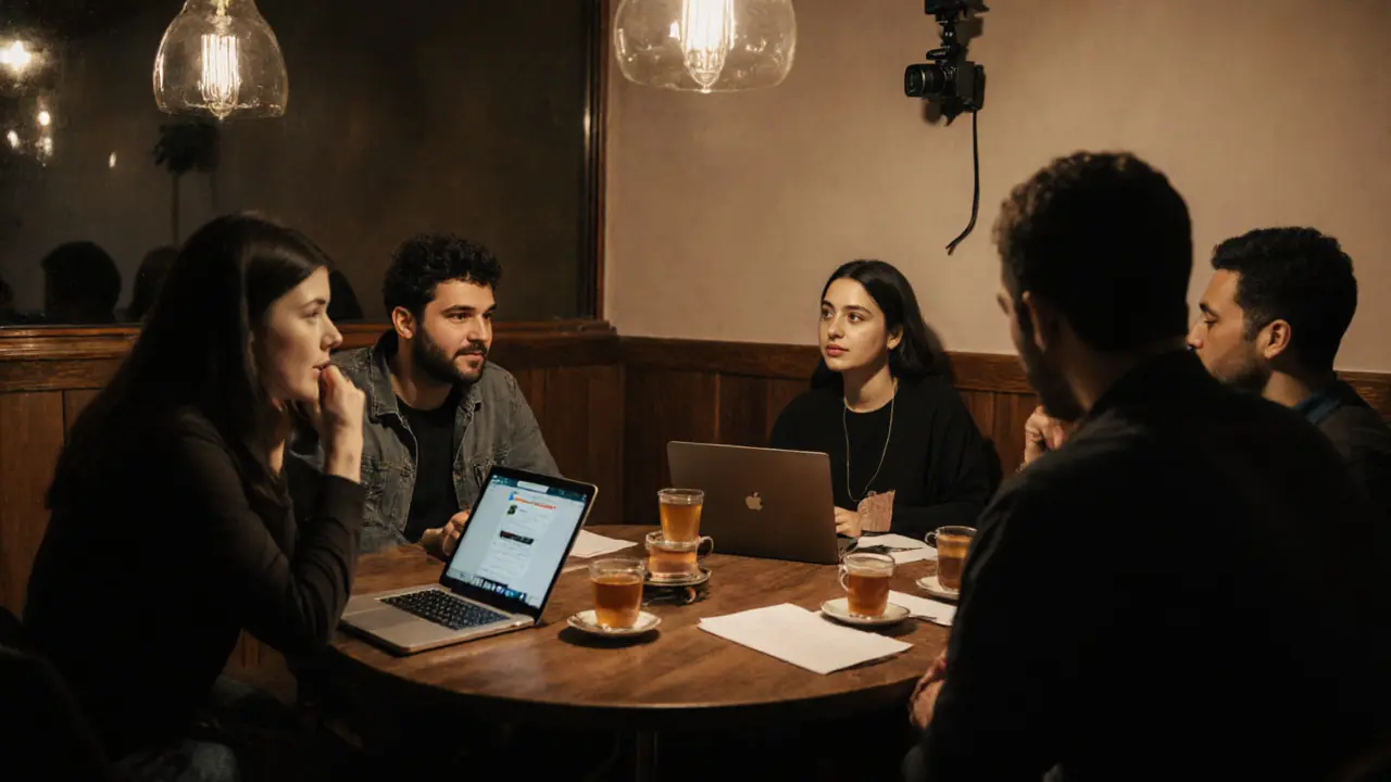 Intimate coffee‑house meeting of activists discussing sexual rights with laptops and notes.