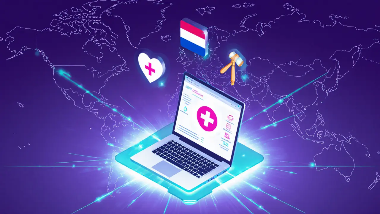 Laptop with VPN tunnel protecting icons of health, law, and support against digital censorship.