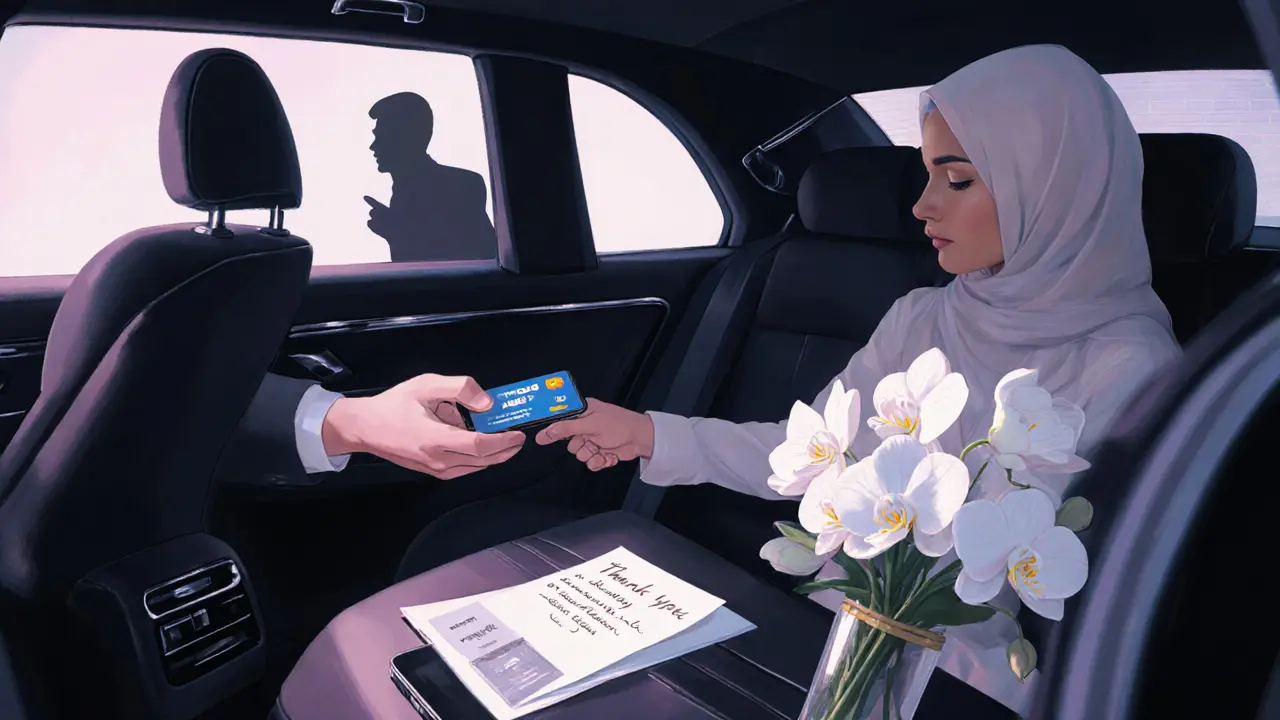Limousine interior with travel card, crypto wallet on phone, and thank‑you note.
