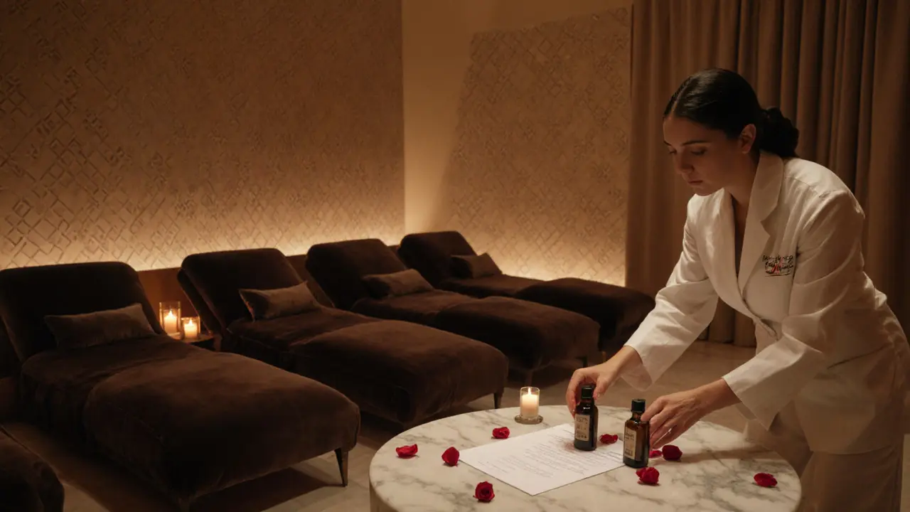 Luxurious Dubai spa suite with dim lighting, candles, and a consent form on a marble table.