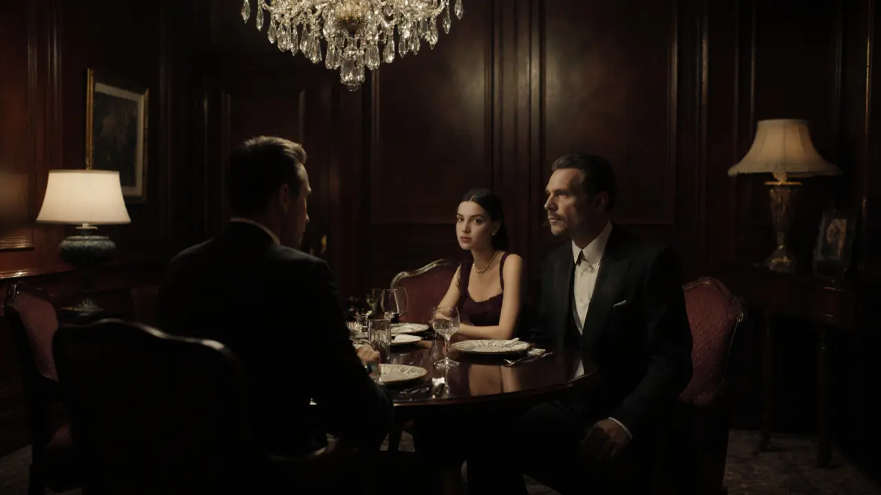 Luxurious hotel suite interior with a stylish female companion and a gentleman conversing over dinner.
