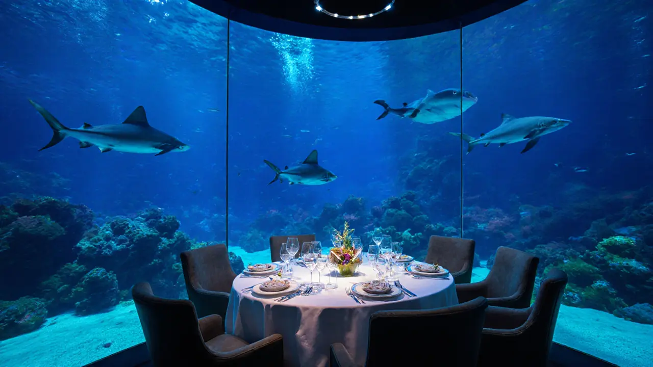 Luxury dining table surrounded by underwater aquarium with sharks and rays swimming past.