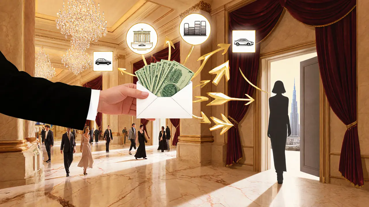 Luxury hotel lobby showing cash exchange and money flow to city landmarks.