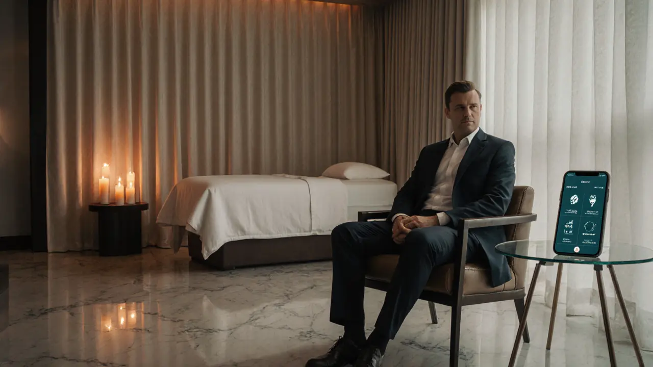 Luxury spa suite interior with a relaxed male tourist and a smartphone showing an encrypted booking app.