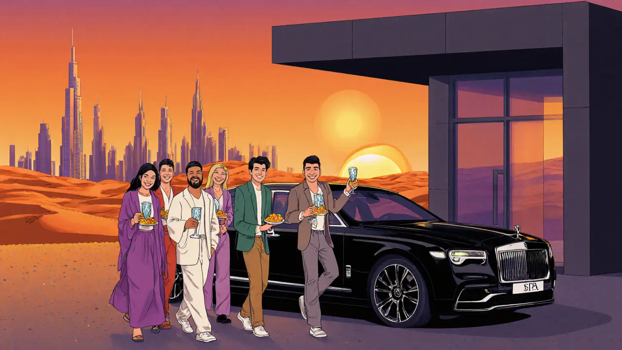 Party members smiling outside a spa at sunset with a luxury sedan and desert backdrop.