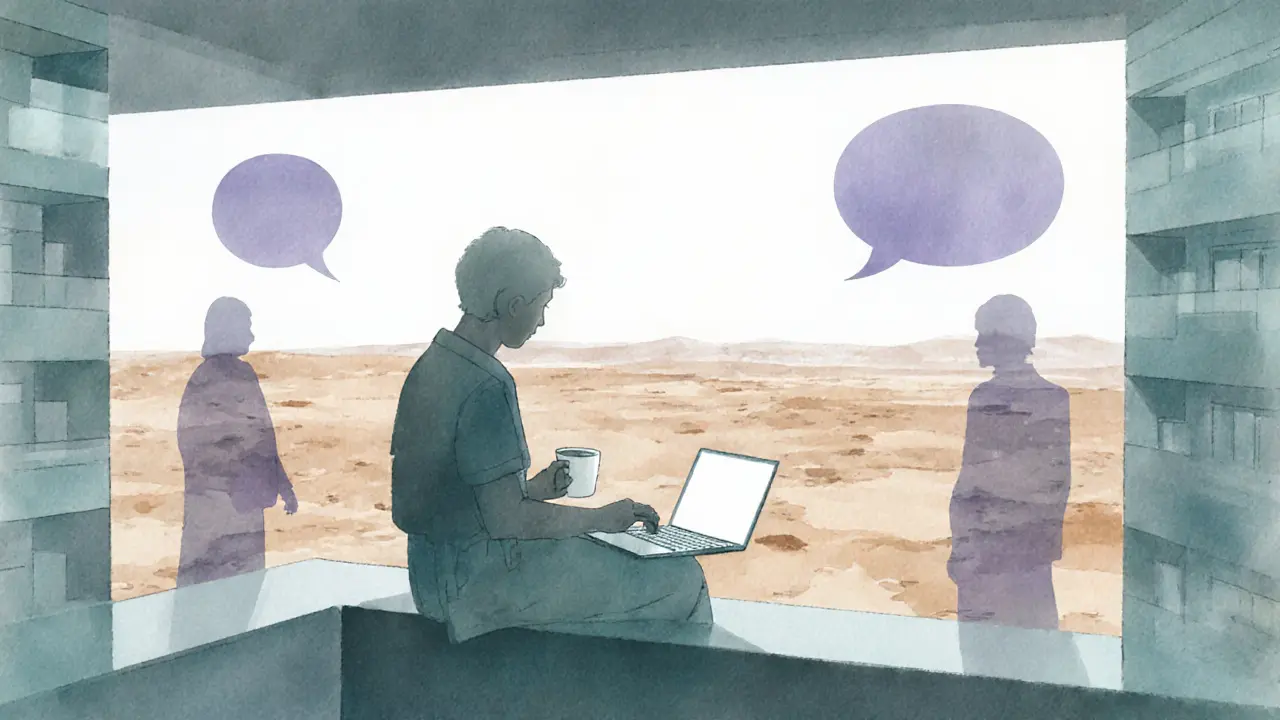 Person alone on balcony with laptop, surrounded by vague shadows of social stigma.