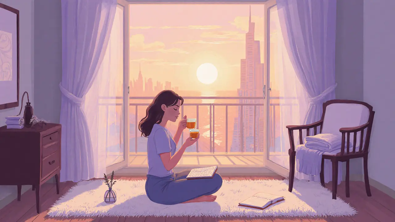 Person relaxing after a session, sipping tea and journaling with sunrise over Dubai.