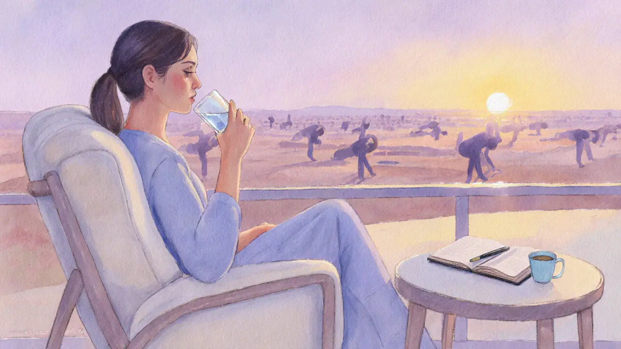 Person sipping water, journaling, and stretching on a balcony at sunrise over Dubai.