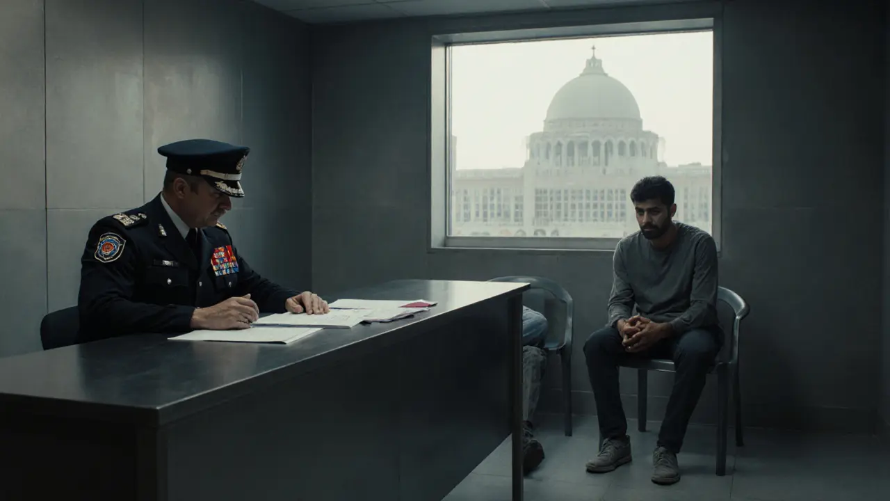 Police detention room showing an officer questioning a nervous expatriate.
