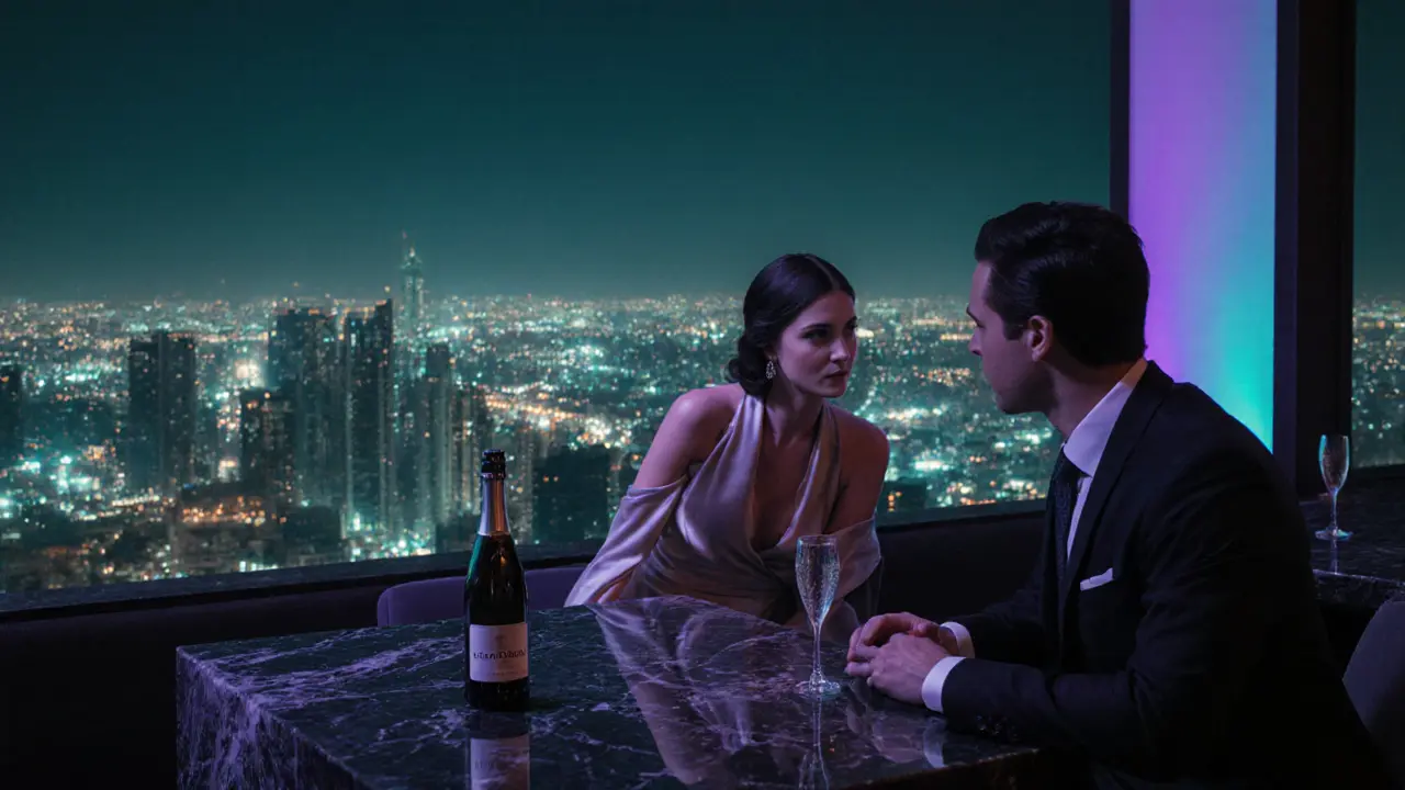 Rooftop bar scene with a glamorous escort and businessman sharing a private conversation.