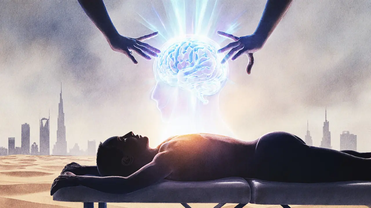 Silhouette on massage table with glowing light illustrating brain chemical release.