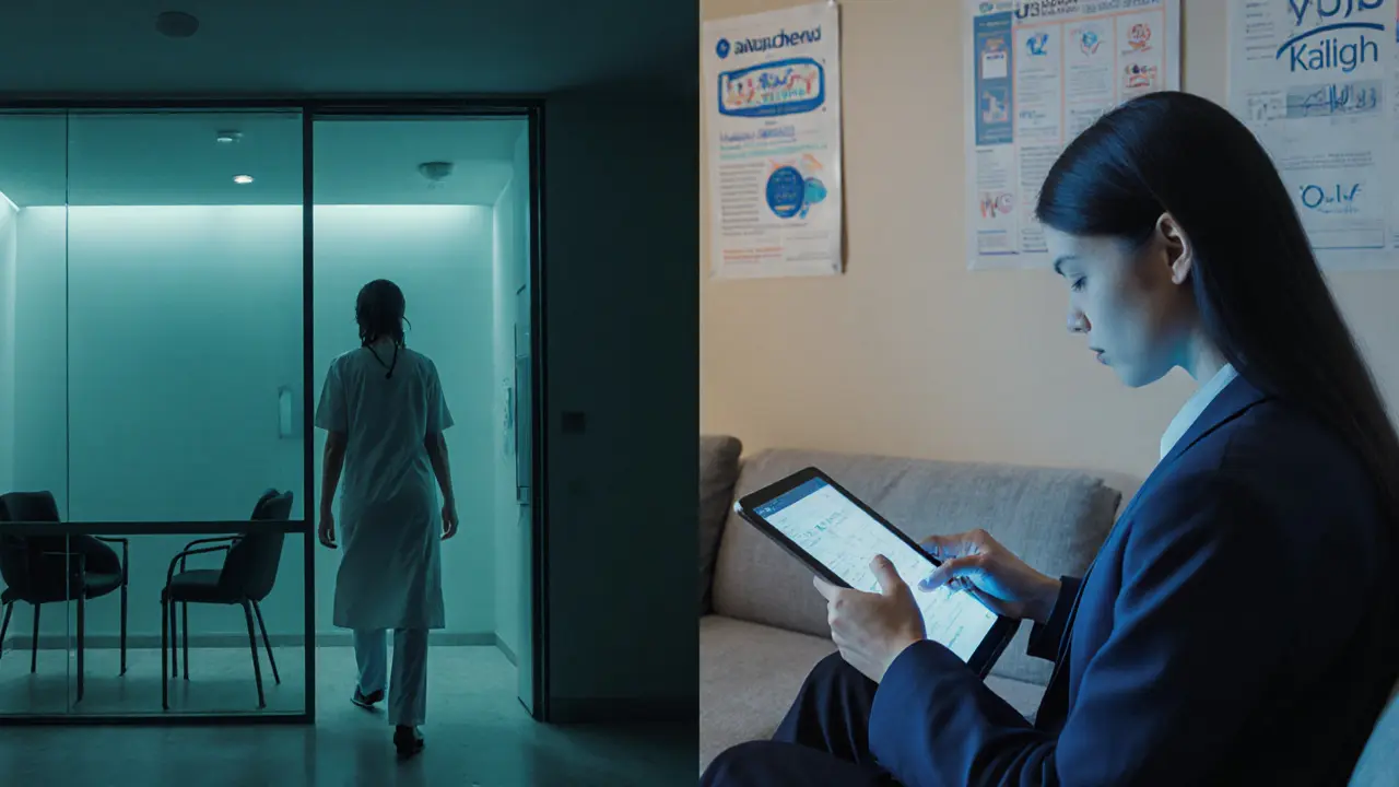 Split view of private and public clinics and a person using telemedicine at home.