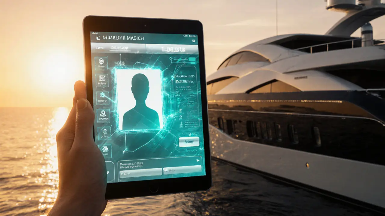 Tablet displaying a discreet companion profile beside a sunset yacht, illustrated in futuristic style.