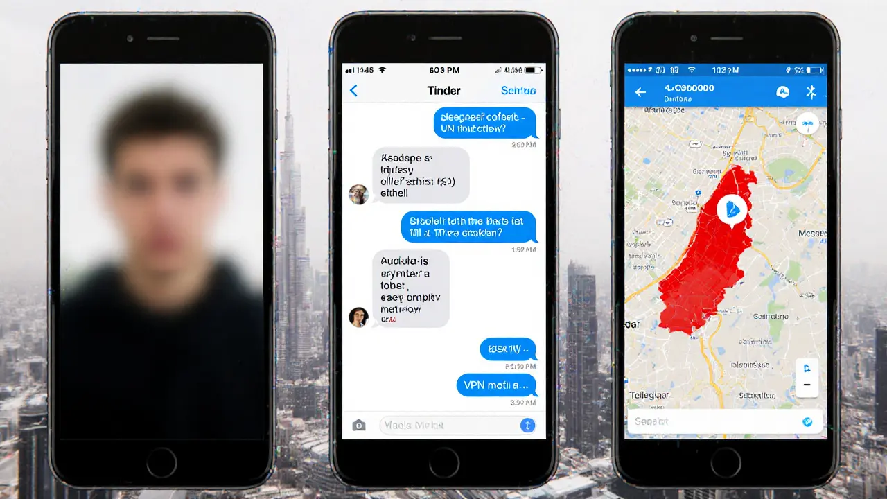 Three smartphone screens showing dating apps, encrypted messages, and a VPN, against Dubai’s skyline.