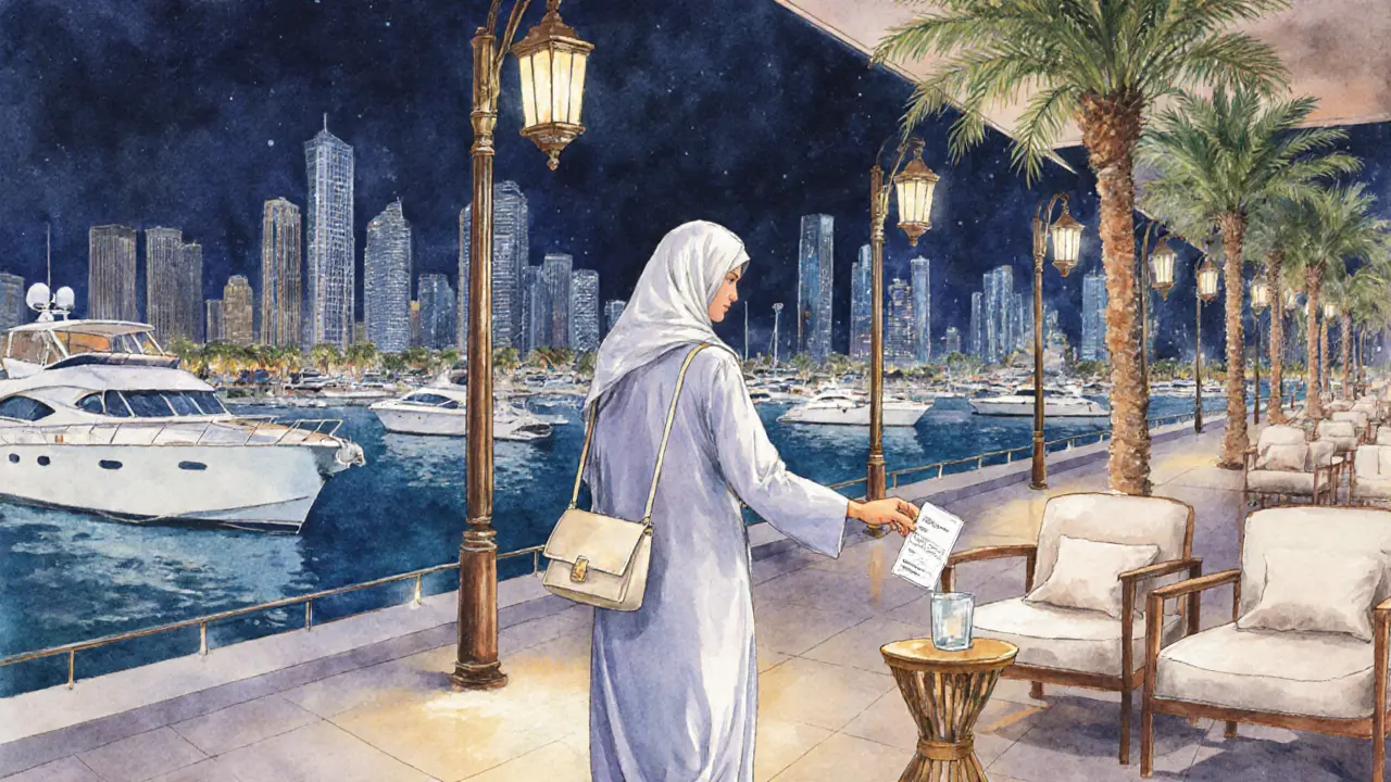Traveler leaving a spa on Dubai Marina promenade, showing modest attire and tip.