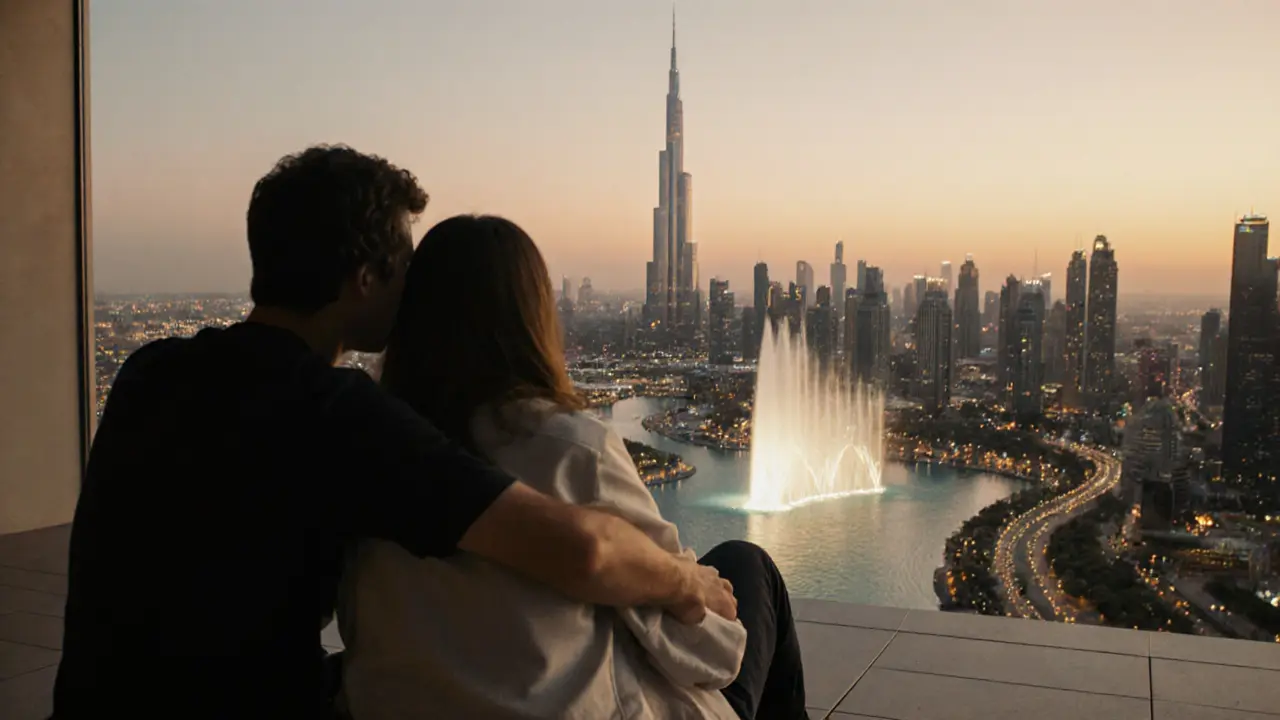 Two people sitting quietly on a high rooftop terrace as the Burj Khalifa and fountain glow below at sunset.