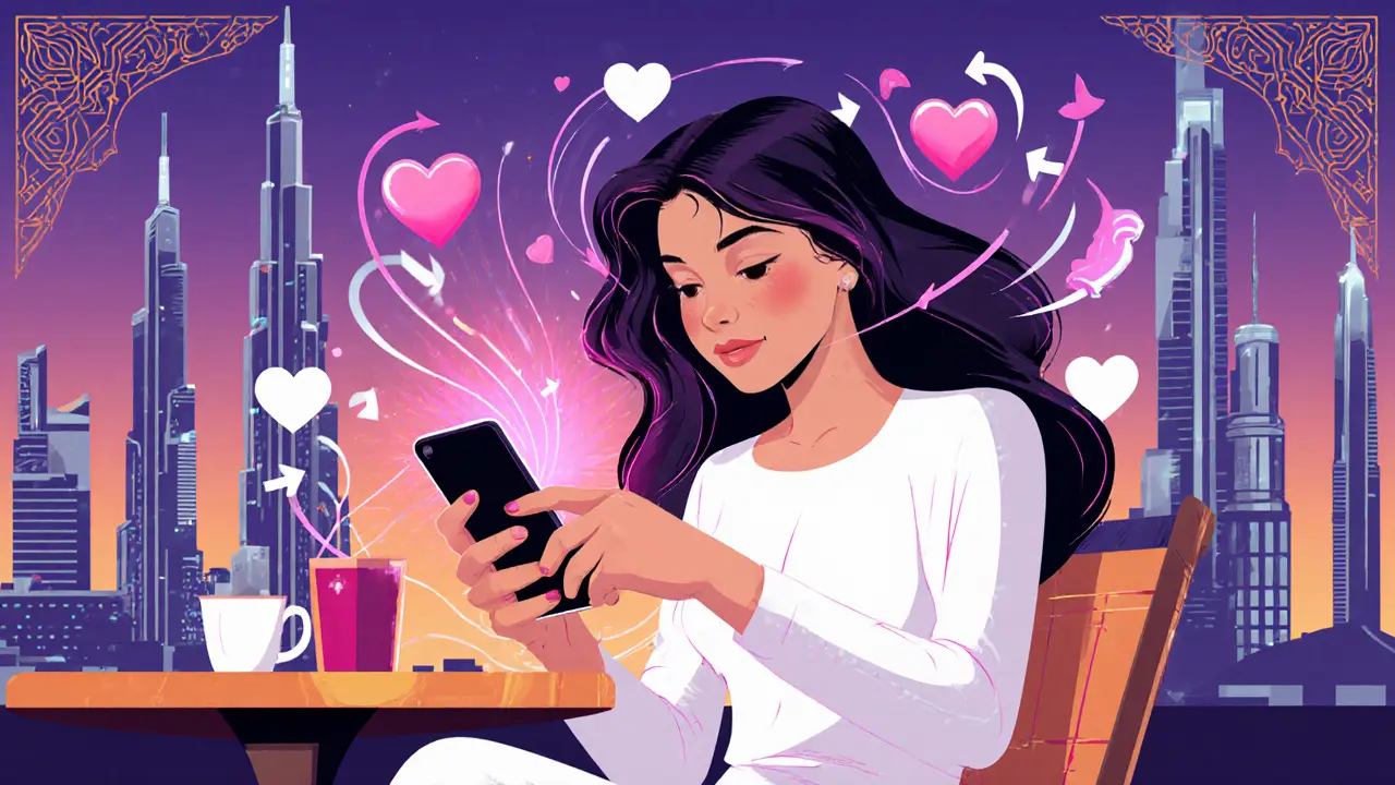 Young Emirati woman using dating app at café, tech icons blend with Arabic patterns.