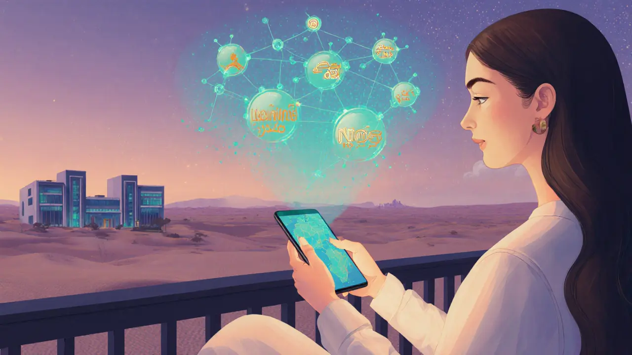 Young woman on balcony using a holographic app showing a Gulf‑wide activist network.