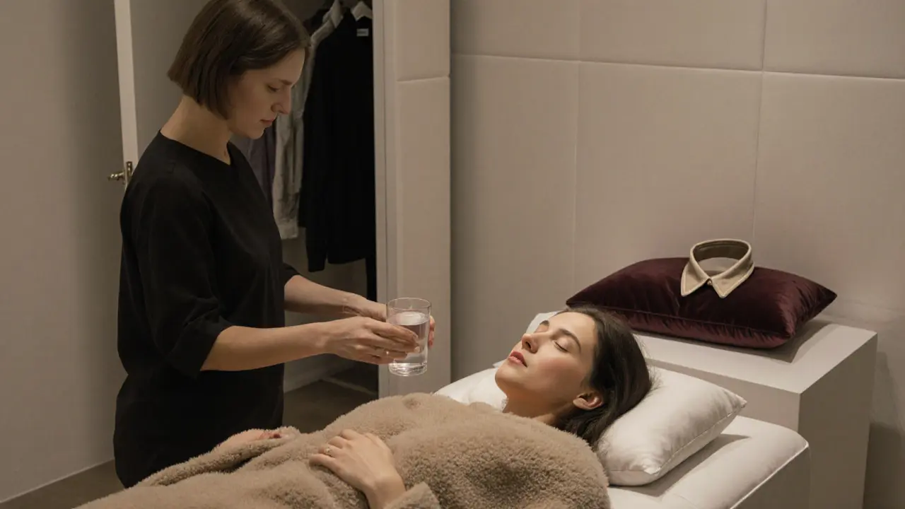 A client wrapped in a blanket after a session, being offered water in silent aftercare, surrounded by calm and dignity.