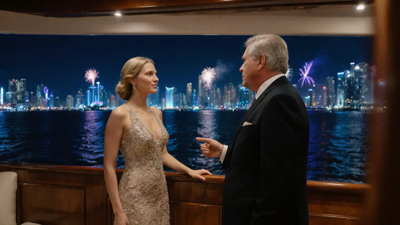 A composed woman listens intently to a man on a luxury yacht, the Dubai skyline glowing behind them at night.