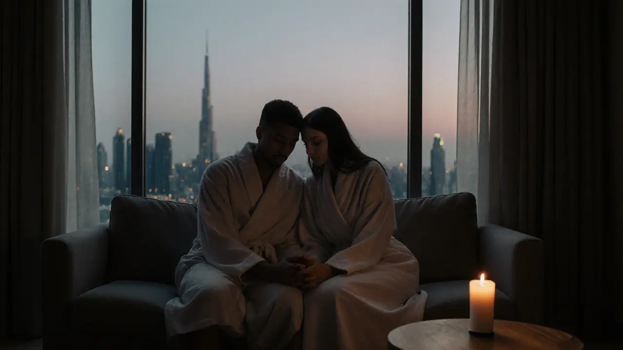 A couple holding hands in silence on a sofa after a session, Dubai skyline visible through the window at dusk.