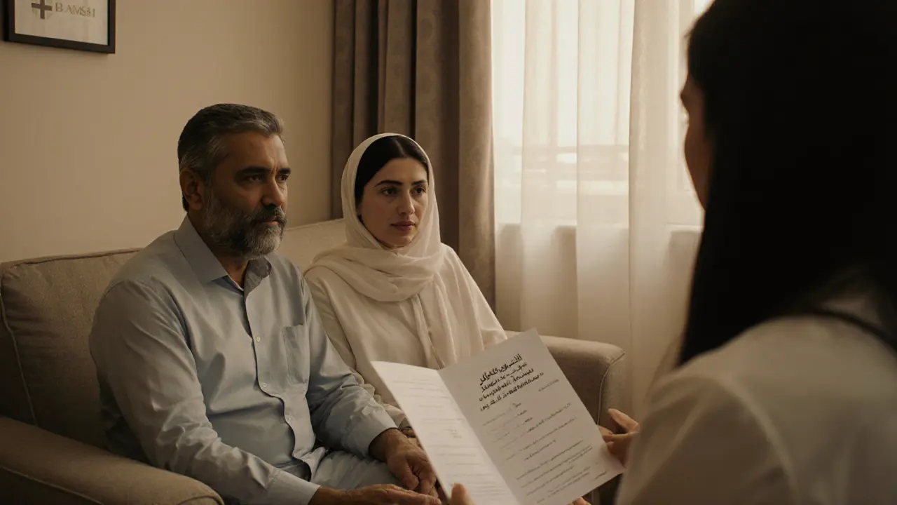 A couple in a private clinic receiving confidential advice about intimacy from a doctor.