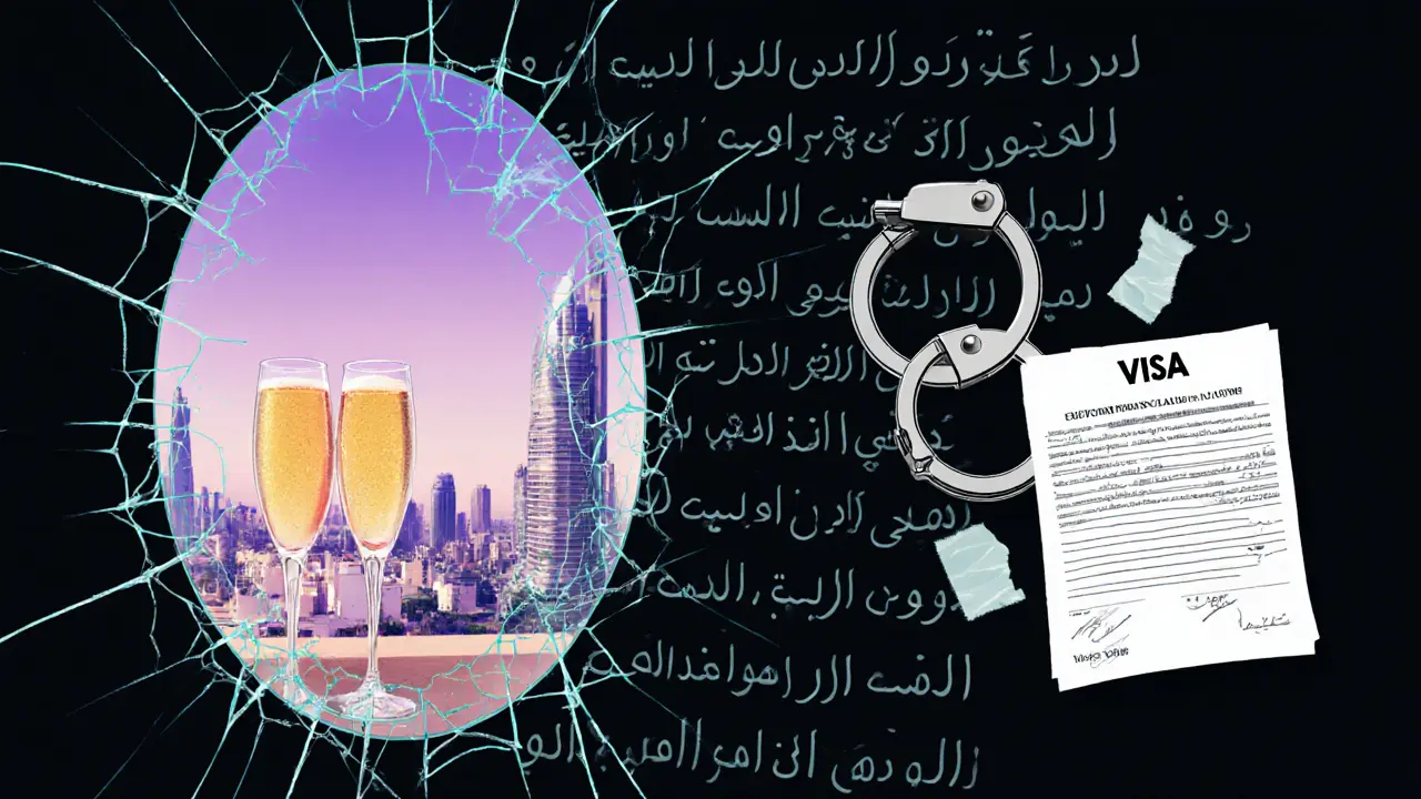 A cracked mirror shows a fantasy of luxury on one side and legal consequences on the other in Dubai.