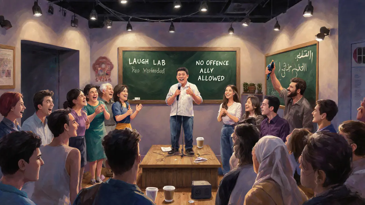 A diverse crowd laughs at a stand-up comedy open mic in Dubai, performers and audience connected by shared humor.