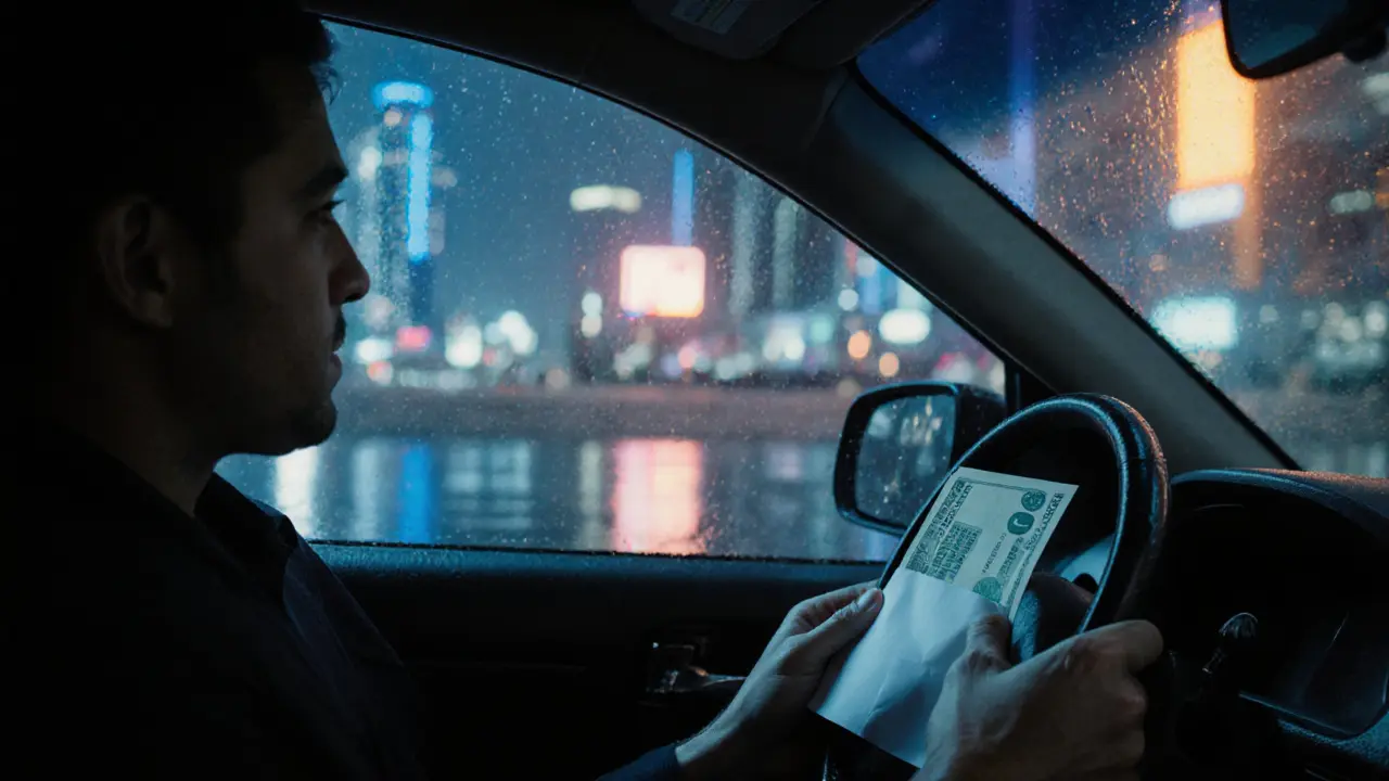 A Dubai taxi driver glancing at a silent passenger, a cash envelope on the seat, city skyline reflected in the window.