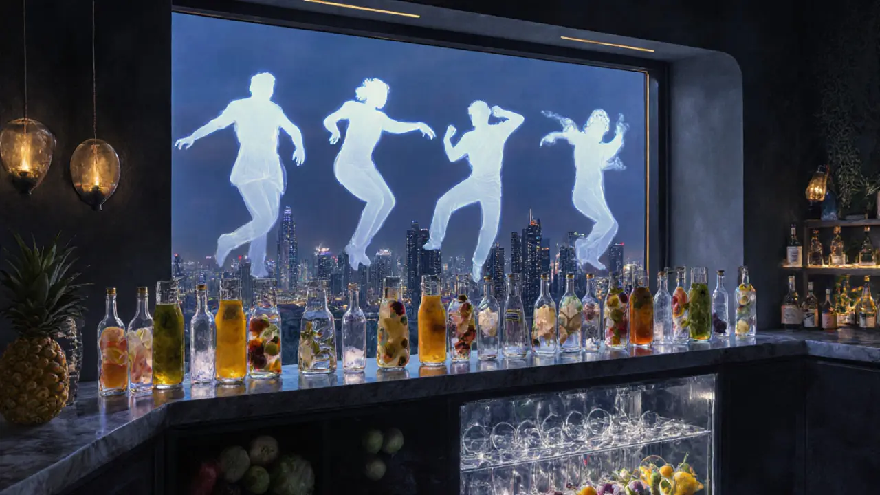 A juice bar where a former nightlife venue once stood, ghostly dancer silhouettes fading into the Dubai skyline.