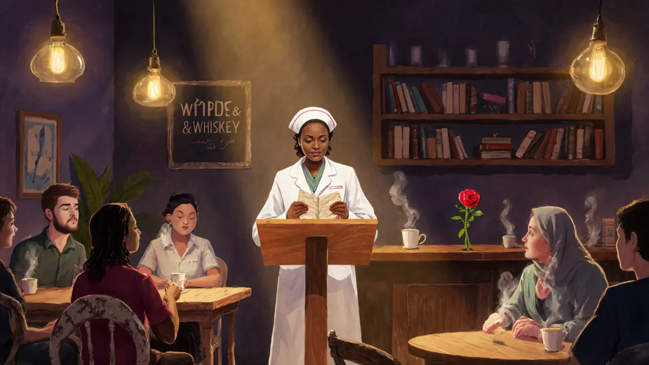 A Kenyan nurse reads poetry at a literary café, patrons listening intently over coffee cups.