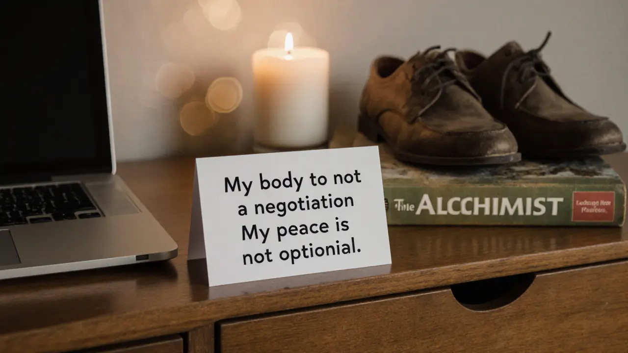 A laminated card with a powerful affirmation rests on a nightstand beside a candle and a book.
