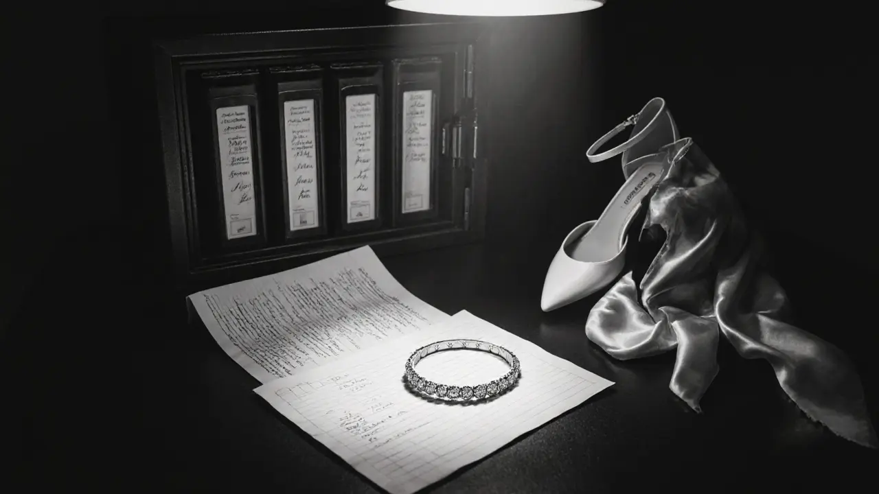 A locked safe holds a diamond bracelet, heels, and files — symbols of silent, discreet companionship in Dubai.